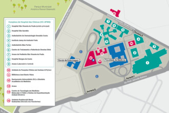 A imagem é um mapa esquemático em perspectiva de uma parte do Campus Saúde da UFMG. No canto superior esquerdo, uma legenda numerada de 1 a 15 detalha os nomes dos edifícios e áreas representadas no mapa, incluindo o "Complexo do Hospital das Clínicas (HC-UFMG)" e seus componentes específicos, como o Hospital São Vicente de Paulo, o Hospital São Geraldo, e vários ambulatórios e anexos. O mapa exibe uma série de edifícios de diferentes formatos, coloridos em tons de ciano (verde-azulado), azul e vermelho, interligados por caminhos e vias pavimentadas. As vias principais são rotuladas como "Alameda Essencial Dias", "Alameda Vereador Álvaro Celso" e "Av. Prof. Alfredo Balena", e há portarias identificadas como "Portaria 1", "Portaria 2" e "Portaria 3". Prédios importantes como a "Faculdade de Medicina" e a "Escola de Enfermagem" são diretamente identificados no mapa. No topo esquerdo, há uma área verde designada como "Parque Municipal Américo Renné Giannetti".