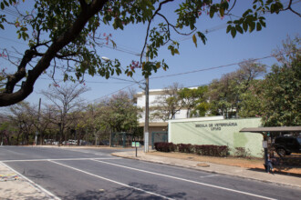 A imagem mostra a entrada de um edifício da Escola de Veterinária, com uma placa verde na fachada que identifica a escola. Há uma rua pavimentada em frente, com calçadas e meio-fio, e carros estacionados ao longo da calçada. Do lado esquerdo, uma árvore com galhos e folhagem se estende sobre a imagem. Um ponto de ônibus com um banco está visível do lado direito, e o céu azul claro com nuvens brancas ocupa a parte superior da imagem.