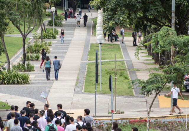 A imagem mostra uma paisagem urbana, o campus universitário da UFMG, com várias pessoas caminhando ao longo de uma ampla passarela de concreto. A passarela é dividida em duas vias por uma faixa central com grama e alguns arbustos. De cada lado da passarela há árvores frondosas, que fornecem sombra.  Algumas pessoas estão caminhando em direção ao fundo da imagem, enquanto outras estão em grupos ou sozinhas. Há um grupo de estudantes no primeiro plano, alguns deles segurando papéis. A vegetação é exuberante, com gramados verdes e arbustos bem cuidados. A iluminação é fornecida por postes altos com luminárias circulares brancas.  O céu está nublado, e a atmosfera geral é de um dia comum e movimentado. A foto foi tirada de um ponto elevado, o que oferece uma visão ampla do local.