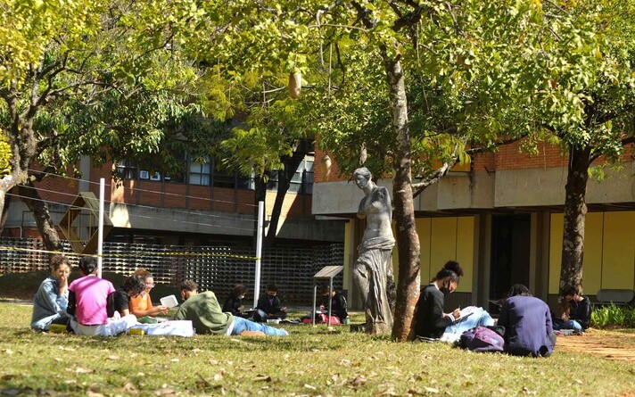 A imagem mostra um grupo de pessoas sentadas na grama, em um ambiente externo, à sombra de árvores. No primeiro plano, à esquerda, quatro pessoas estão sentadas em círculo, conversando e lendo. Outras pessoas estão sentadas individualmente ou em pequenos grupos. A pessoa no canto inferior esquerdo está de camisa rosa, sentada de frente para as outras. Entre as árvores, uma estátua escura de uma figura feminina está visível. O chão é coberto por grama verde, com algumas folhas secas. Ao fundo, um prédio de tijolos vermelhos e grandes janelas retangulares é visível. A luz do sol é intensa e cria áreas de sombra.