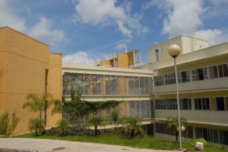 A imagem mostra a vista externa de um complexo de edifícios de cor bege e amarela, com uma passarela interligando dois prédios. O prédio à esquerda é amarelo com janelas estreitas e verticais. O prédio à direita é bege, com janelas horizontais e uma varanda com grade. No centro, uma passarela de vidro e metal conecta os dois edifícios. A passarela é coberta por vegetação. Em primeiro plano, o chão é pavimentado, e há um canteiro com palmeiras e grama. Um poste de iluminação alto, com uma luminária redonda, é visível no canto superior direito. O céu está azul com nuvens brancas, e a luz do sol é intensa.