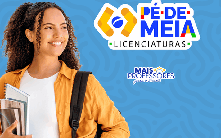 divulgação mostra jovem com livros na mão e mochila nas costas e imagem do programa Pé-de-meia, ao lado