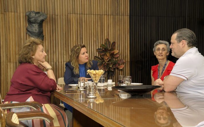 Imagem mostra Margareth Dalcolmo, Sandra Goulart, Alamanda Kfoury e Daniel Bonomi sentados à mesa durante encontro no gabinete da Reitoria