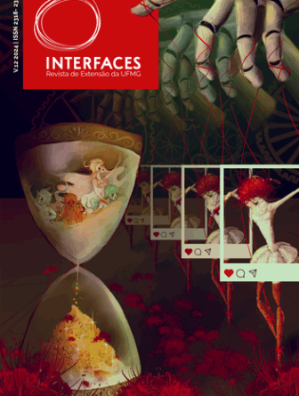 Imagem mostra recorte da capa da Revista Interface, em que aparece o logo, à esquerda, e, à direira, repetidas mãos de madeira, com fios nos dedoes como se estivesse segurando marionetes