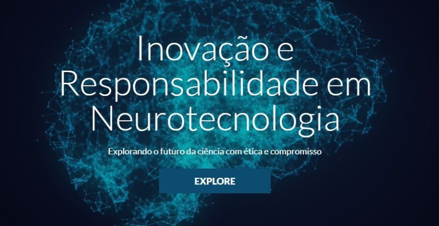 Tela inicial do site INCT NeuroTec-R, que apresenta o texto " Inovação e Responsabilidade em Neurotecnologia" em evidência e, ao fundo, a imagem de um cérebro feito apenas com traços, sobre um fundo azul escuro simples
