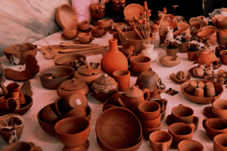 A imagem mostra uma grande variedade de objetos de cerâmica dispostos em uma superfície branca. Os objetos, que são de cor terrosa, incluem tigelas, xícaras, potes com tampa, vasos e utensílios como colheres de pau. No centro da imagem, um vaso de boca estreita se destaca. A composição é preenchida por peças de diferentes tamanhos e formas, algumas agrupadas em jogos, como xícaras empilhadas, enquanto outras estão soltas.