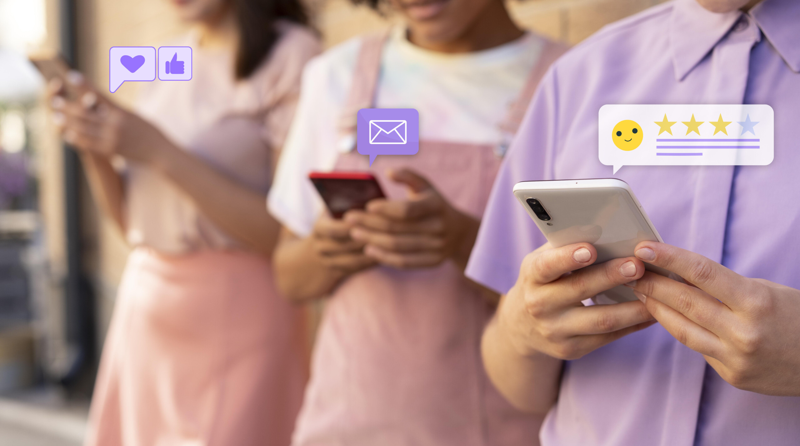 Três jovens, vestidos em tons de rosa e roxo, com celulares nas mãos. Sobre os aparelhos estão ícones de mensagem, coração, emoji e estrelas