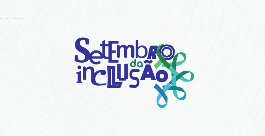 Banner com os dizeres 'Stembro da inclusão' escritos em roxo e fitas azul e verde
